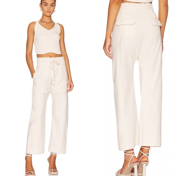 Free People Sky Rider Pant ivory off-white Ecru paperbag waist linen small - Picture 1 of 9